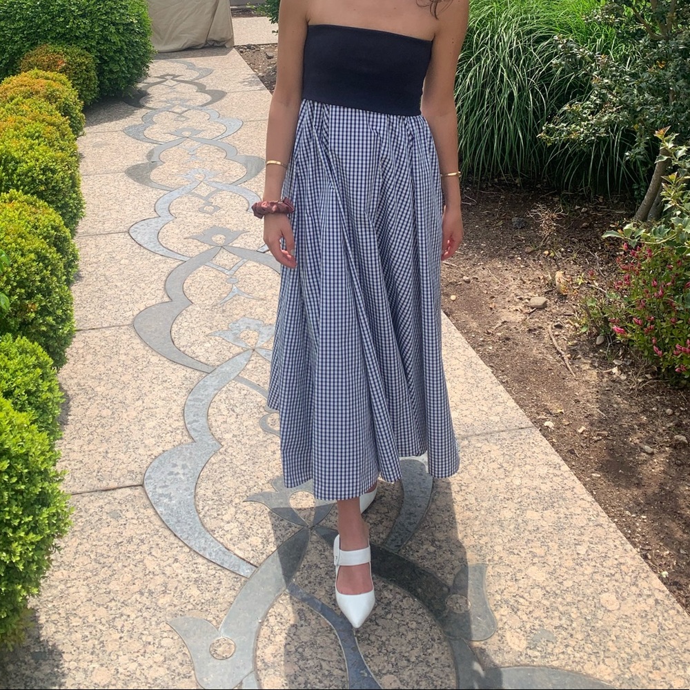 Adeam Plaid Strapless Midi Dress